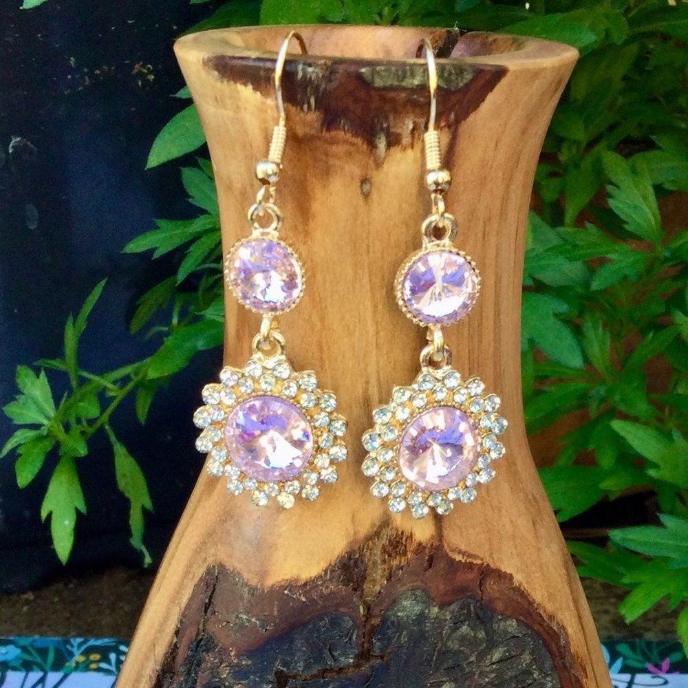 Crystal Dangle Earrings Pink Gold Tone - Picture 2 of 2